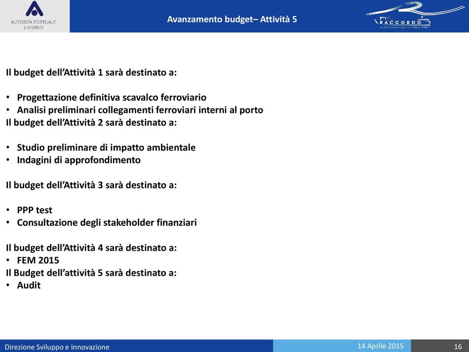 sarà destinato a: Studio preliminare di impatto ambientale Indagini di approfondimento Il budget dell Attività 3 sarà destinato a: PPP