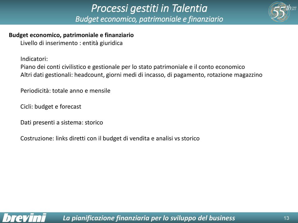 headcount, giorni medi di incasso, di pagamento, rotazione magazzino Periodicità: totale anno e mensile Cicli: budget e forecast Dati presenti a