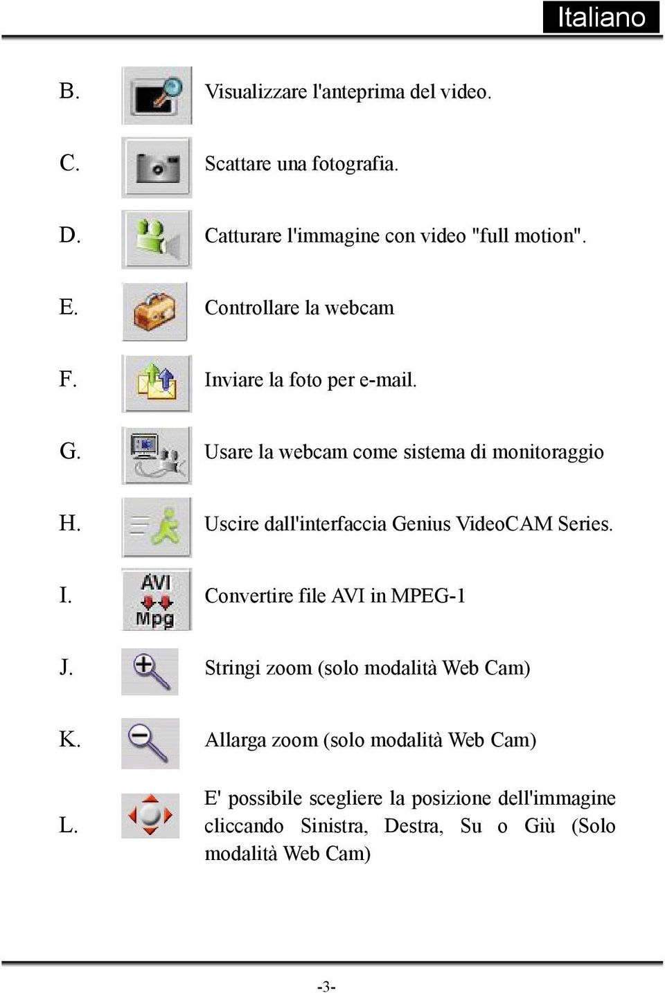 Uscire dall'interfaccia Genius VideoCAM Series. I. Convertire file AVI in MPEG-1 J. Stringi zoom (solo modalità Web Cam) K.