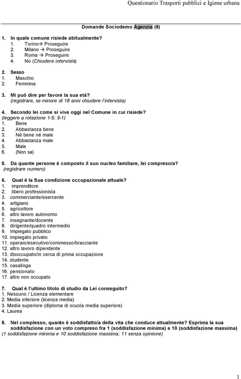 Né bene né male 4. Abbastanza male 5. Male 6. (Non sa) 5. Da quante persone è composto il suo nucleo familiare, lei compreso/a? (registrare numero) 6. Qual è la Sua condizione occupazionale attuale?