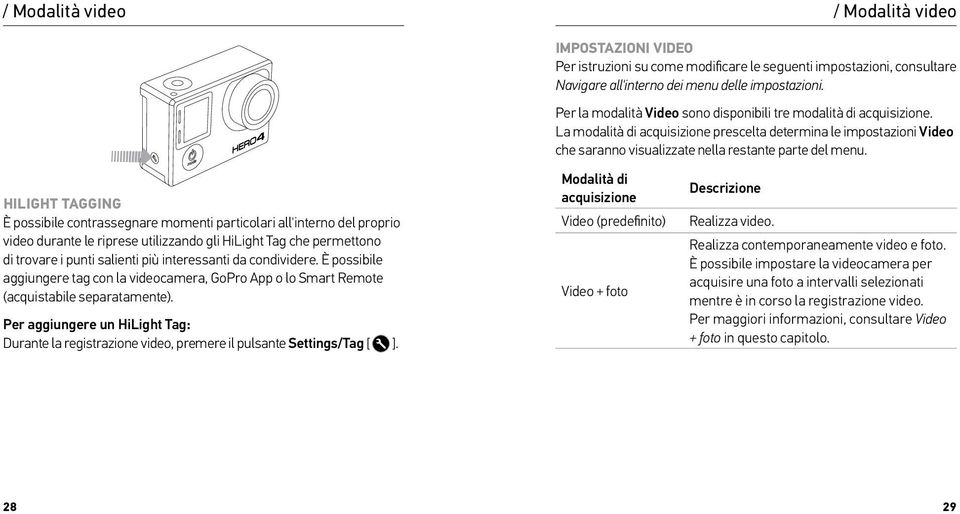 HILIGHT TAGGING È possibile contrassegnare momenti particolari all'interno del proprio video durante le riprese utilizzando gli HiLight Tag che permettono di trovare i punti salienti più interessanti