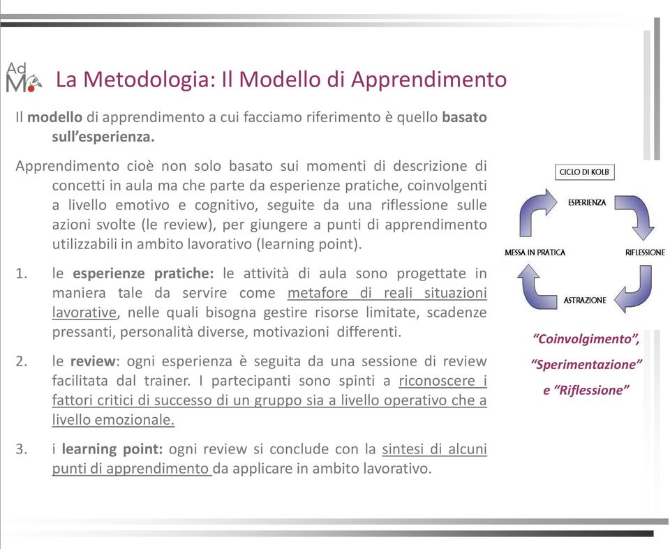 azioni svolte (le review), per giungere a punti di apprendimento utilizzabili in ambito lavorativo (learning point). 1.