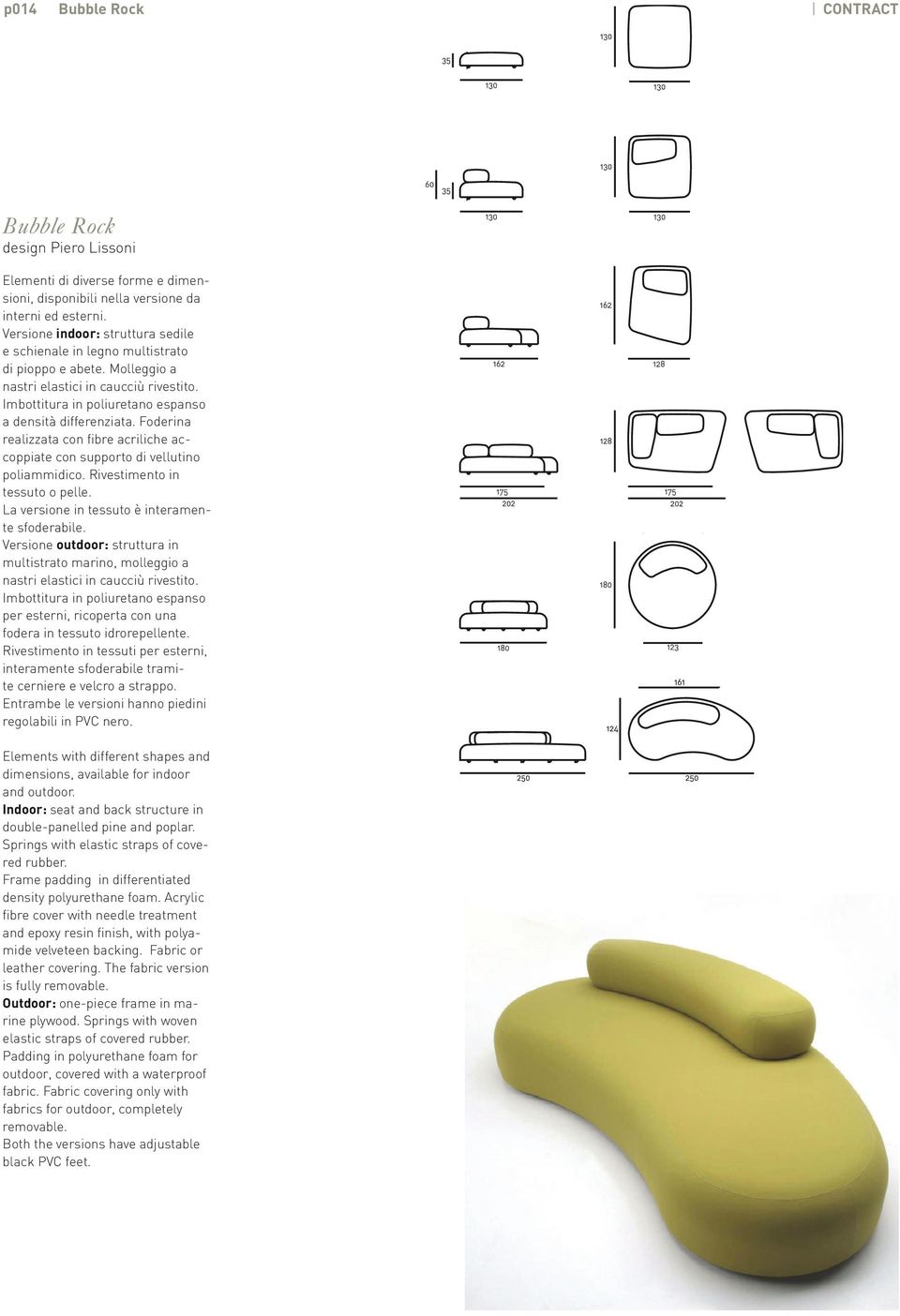 Foderina realizzata con fibre acriliche accoppiate con supporto di vellutino poliammidico. Rivestimento in tessuto o pelle. La versione in tessuto è interamente sfoderabile.