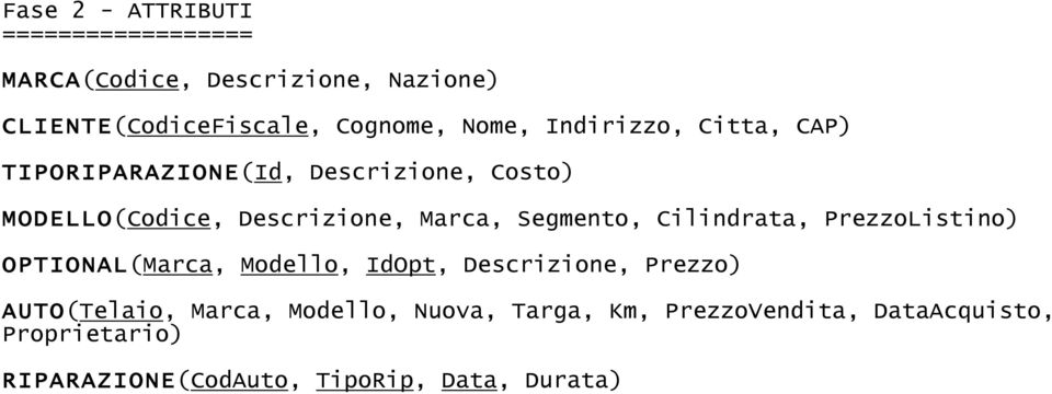 Descrizione, Marca, Segmento, Cilindrata, PrezzoListino) OPTIONAL(Marca,, IdOpt, Descrizione, Prezzo)