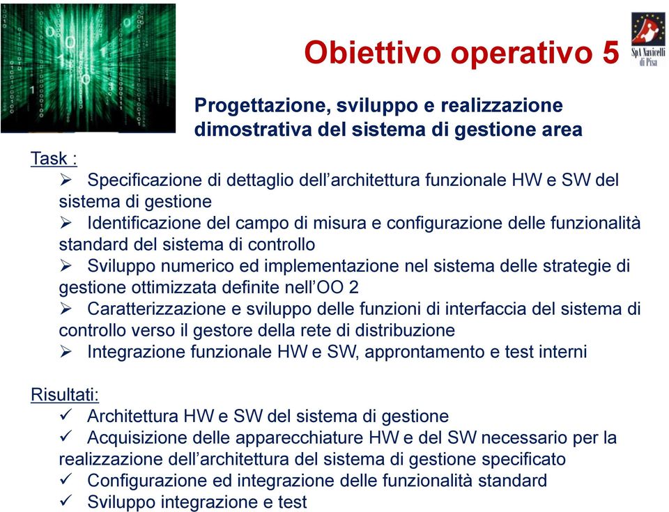 definite nell OO 2 Caratterizzazione e sviluppo delle funzioni di interfaccia del sistema di controllo verso il gestore della rete di distribuzione Integrazione funzionale HW e SW, approntamento e