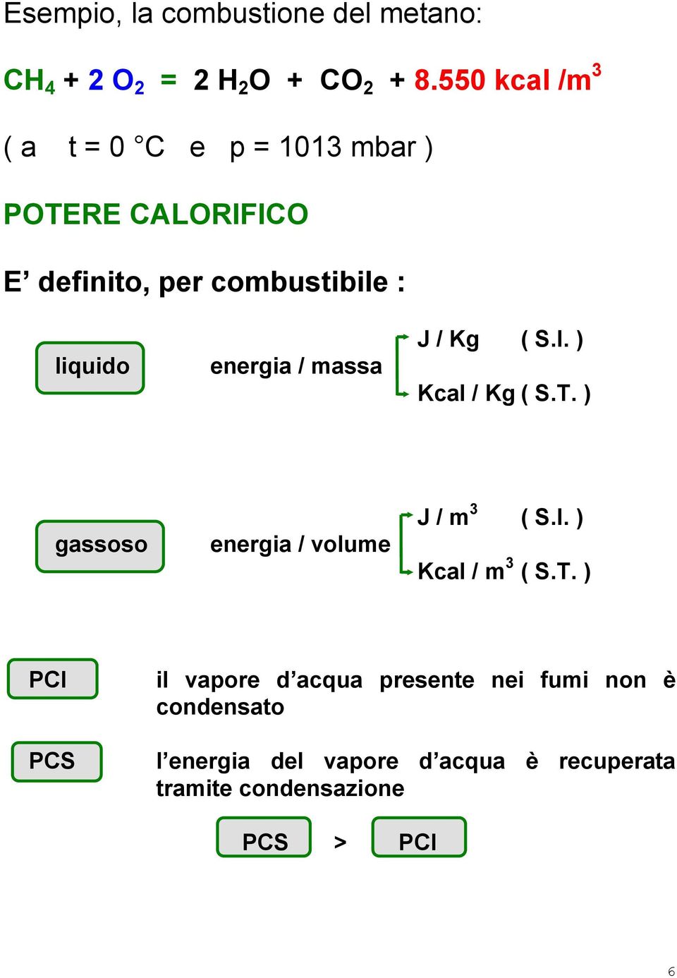 energia / massa J / Kg ( S.I. ) Kcal / Kg ( S.T. ) gassoso energia / volume J / m 3 ( S.I. ) Kcal / m 3 ( S.