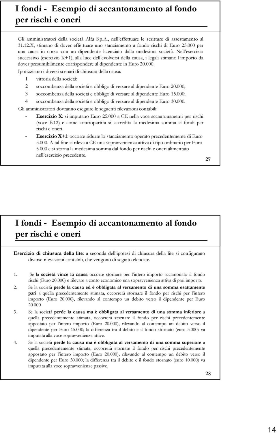 Nell esercizio successivo (esercizio X+1), alla luce dell evolversi della causa, i legali stimano l importo da dover presumibilmente corrispondere al dipendente in Euro 20.000.