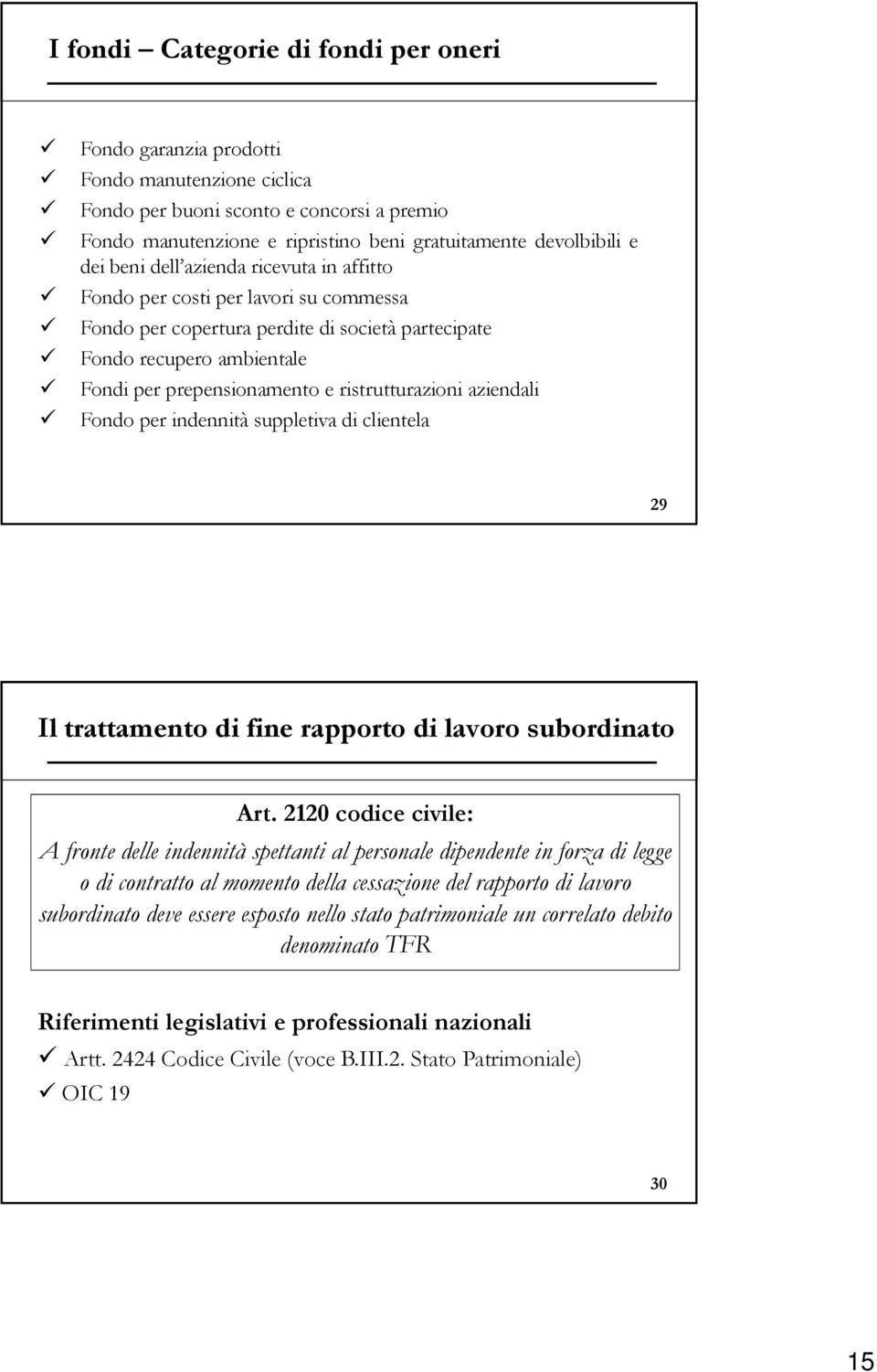 aziendali Fondo per indennità suppletiva di clientela 29 Il trattamento di fine rapporto di lavoro subordinato Art.