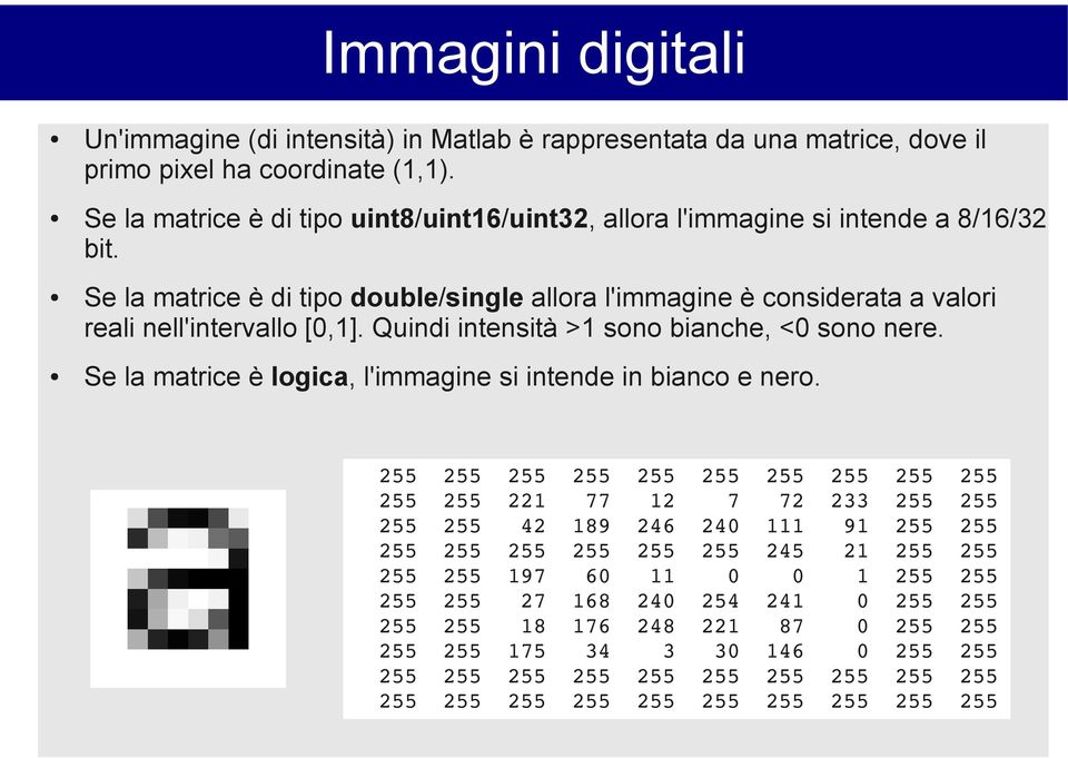 Quindi intensità >1 sono bianche, <0 sono nere. Se la matrice è logica, l'immagine si intende in bianco e nero.