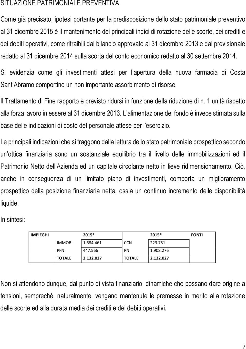 redatto al 30 settembre 2014. Si evidenzia come gli investimenti attesi per l apertura della nuova farmacia di Costa Sant Abramo comportino un non importante assorbimento di risorse.