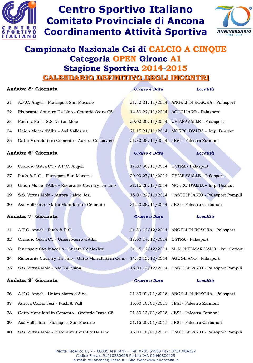 Bearzot 25 Gatto Manufatti in Cemento - Aurora Calcio Jesi 21.30 25/11/2014 JESI - Palestra Zannoni Andata: 6 Giornata Orario e Data Località 26 Oratorio Ostra C5 - A.F.C. Angeli 17.