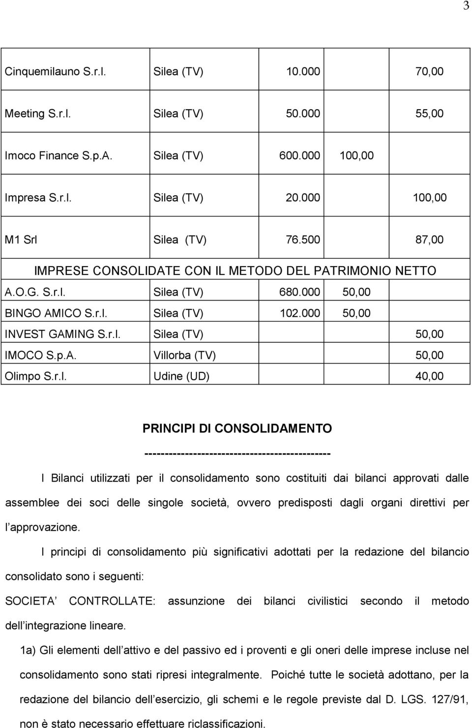 r.l. Udine (UD) 40,00 PRINCIPI DI CONSOLIDAMENTO ---------------------------------------------- I Bilanci utilizzati per il consolidamento sono costituiti dai bilanci approvati dalle assemblee dei