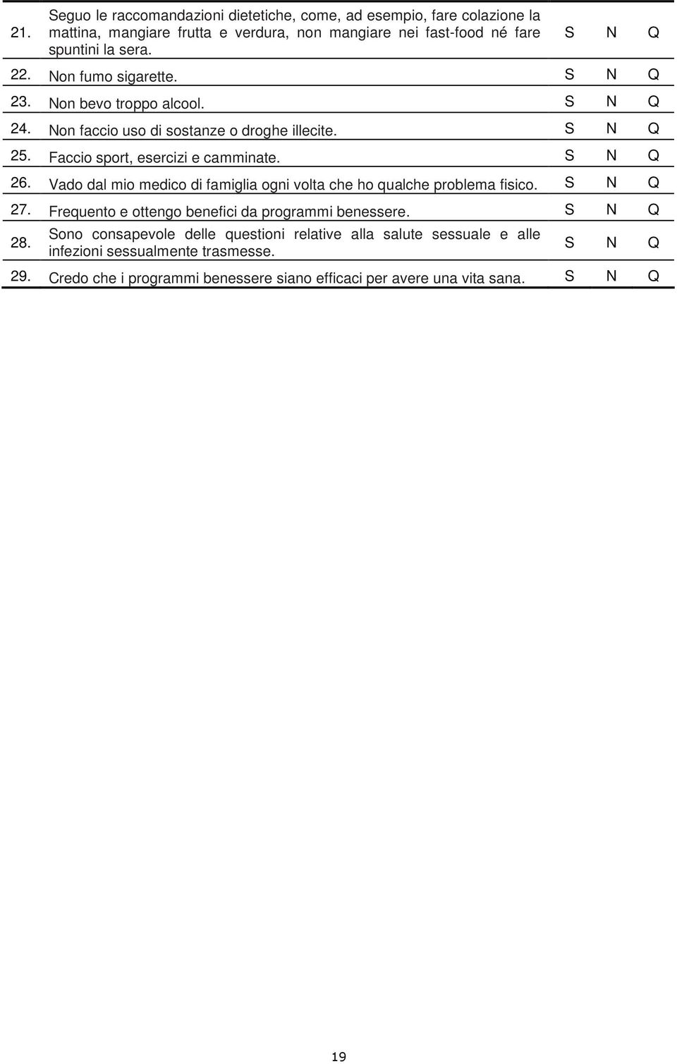 S N Q 26. Vado dal mio medico di famiglia ogni volta che ho qualche problema fisico. S N Q 27. Frequento e ottengo benefici da programmi benessere. S N Q 28.