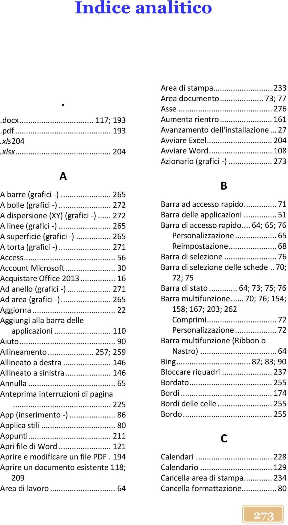 .. 22 Aggiungi alla barra delle applicazioni... 110 Aiuto... 90 Allineamento... 257; 259 Allineato a destra... 146 Allineato a sinistra... 146 Annulla... 65 Anteprima interruzioni di pagina.