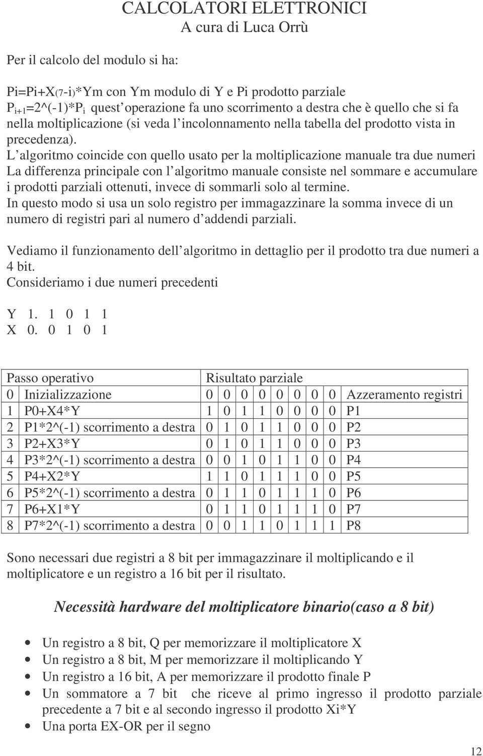 L algoritmo coincide con quello usato per la moltiplicazione manuale tra due numeri La differenza principale con l algoritmo manuale consiste nel sommare e accumulare i prodotti parziali ottenuti,