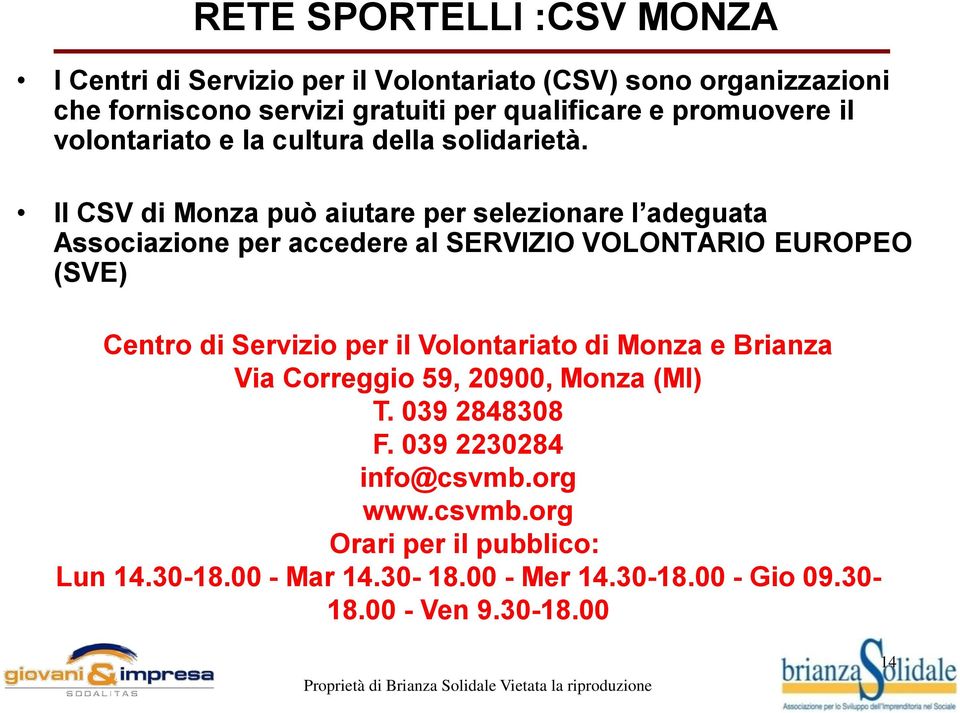 Il CSV di Monza può aiutare per selezionare l adeguata Associazione per accedere al SERVIZIO VOLONTARIO EUROPEO (SVE) Centro di Servizio per il
