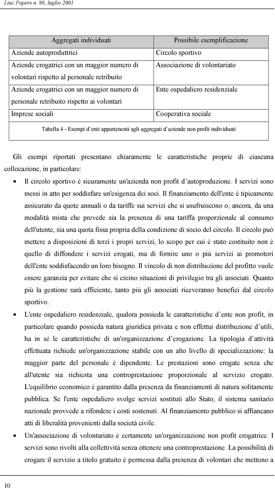 personale retribuito rispetto ai volontari Imprese sociali Possibile esemplificazione Circolo sportivo Associazione di volontariato Ente ospedaliero residenziale Cooperativa sociale Tabella 4 -