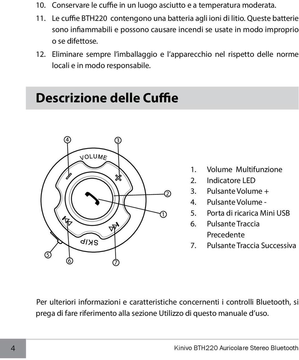 Eliminare sempre l imballaggio e l apparecchio nel rispetto delle norme locali e in modo responsabile. Descrizione delle Cuffie 1. Volume Multifunzione 2. Indicatore LED 3.