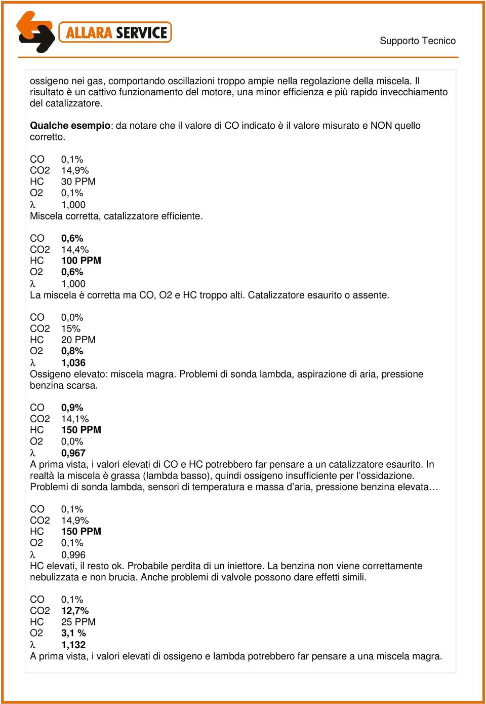 Qualche esempio: da notare che il valore di CO indicato è il valore misurato e NON quello corretto. CO 0,1% CO2 14,9% HC 30 PPM O2 0,1% λ 1,000 Miscela corretta, catalizzatore efficiente.