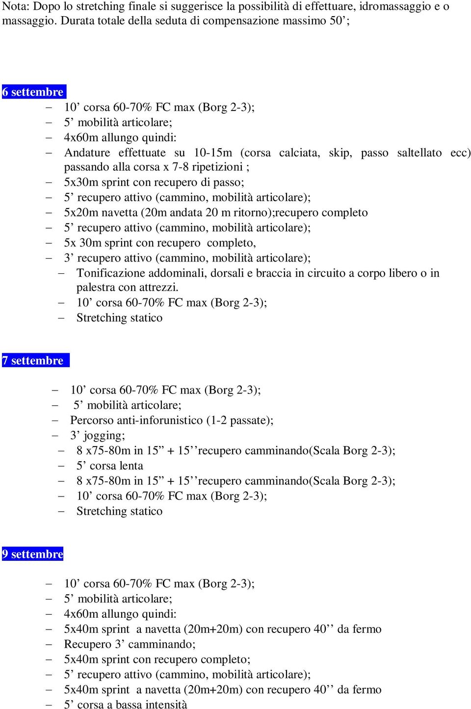 recupero completo, 3 recupero attivo (cammino, mobilità articolare); 7 settembre agosto Percorso anti-inforunistico (1-2 passate); 8 x75-80m in 15 + 15 recupero camminando(scala Borg 2-3); 5