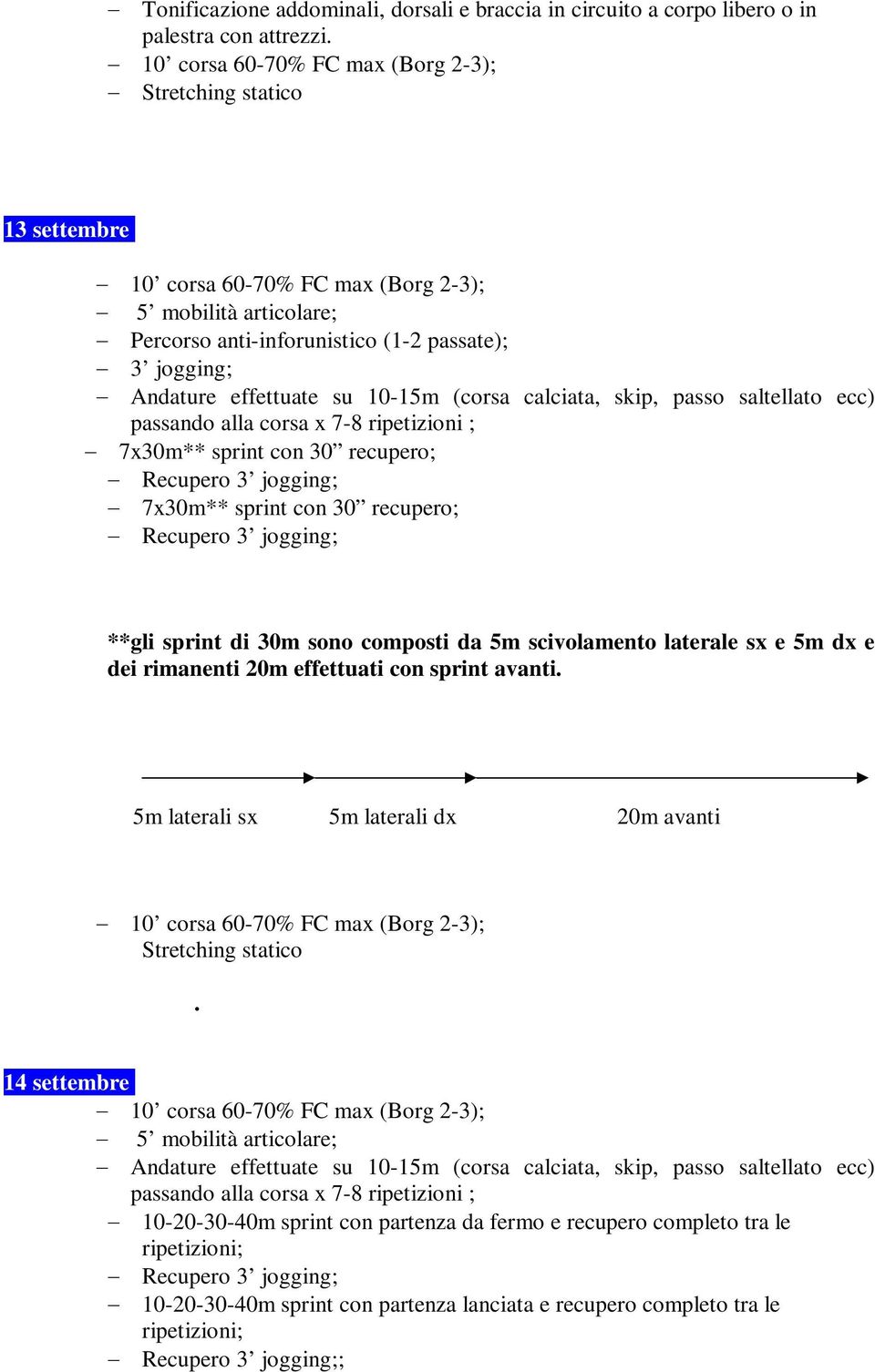 sprint avanti. 5m laterali sx 5m laterali dx 20m avanti.