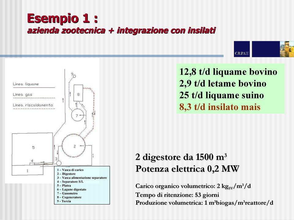 Platea 6 Lagune digestato 7 Gasometro 8 Cogeneratore 9 - Torcia 2 digestore da 1500 m 3 Potenza elettrica 0,2 MW