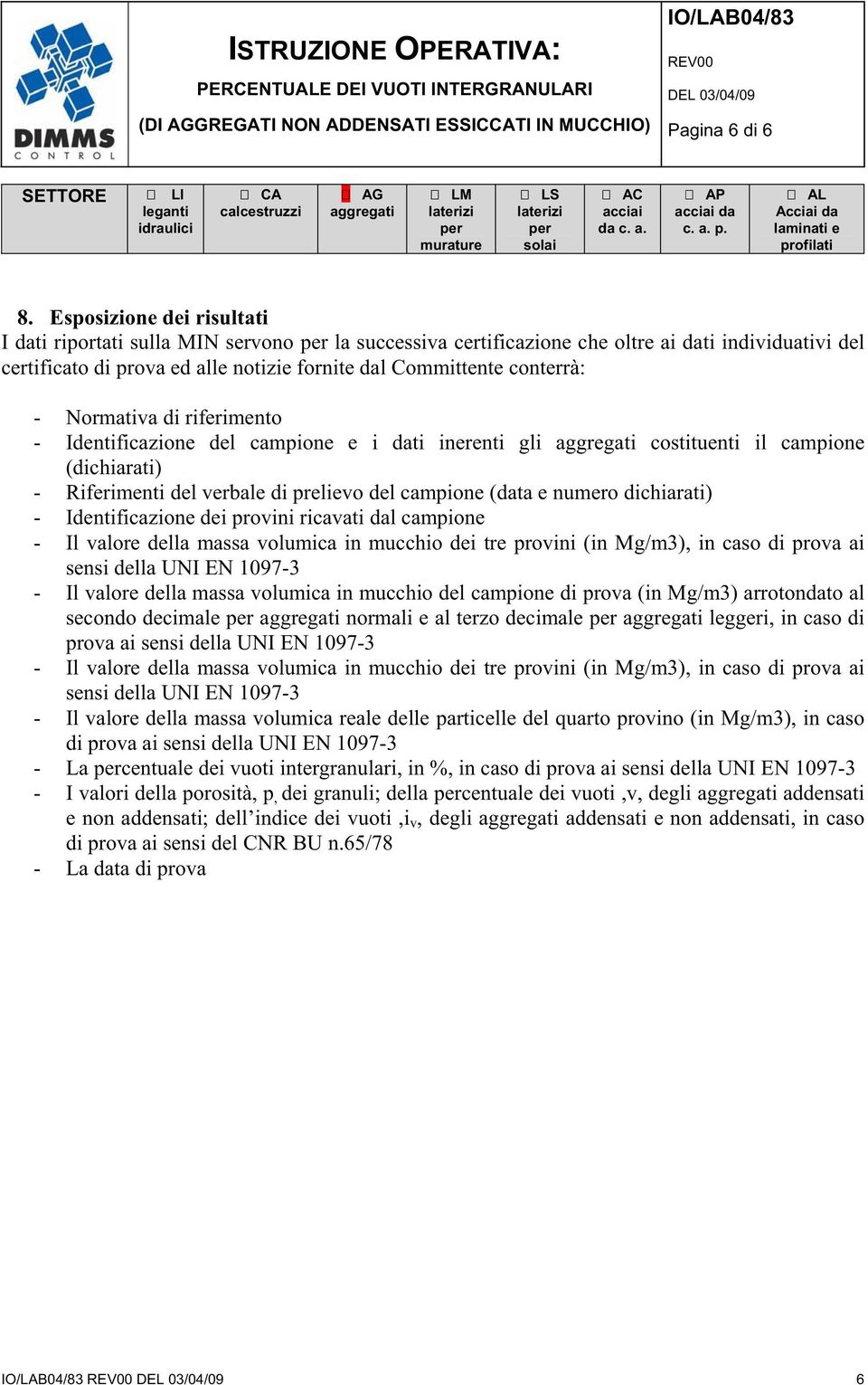 Normativa di riferimento - Identificazione del campione e i dati inerenti li areati costituenti il campione (dichiarati) - Riferimenti del verbale di prelievo del campione (data e numero dichiarati)