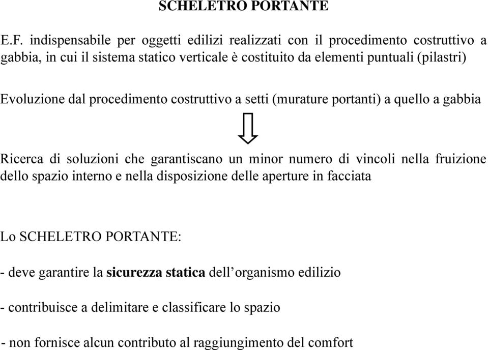 puntuali (pilastri) Evoluzione dal procedimento costruttivo a setti (murature portanti) a quello a gabbia Ricerca di soluzioni che garantiscano un minor