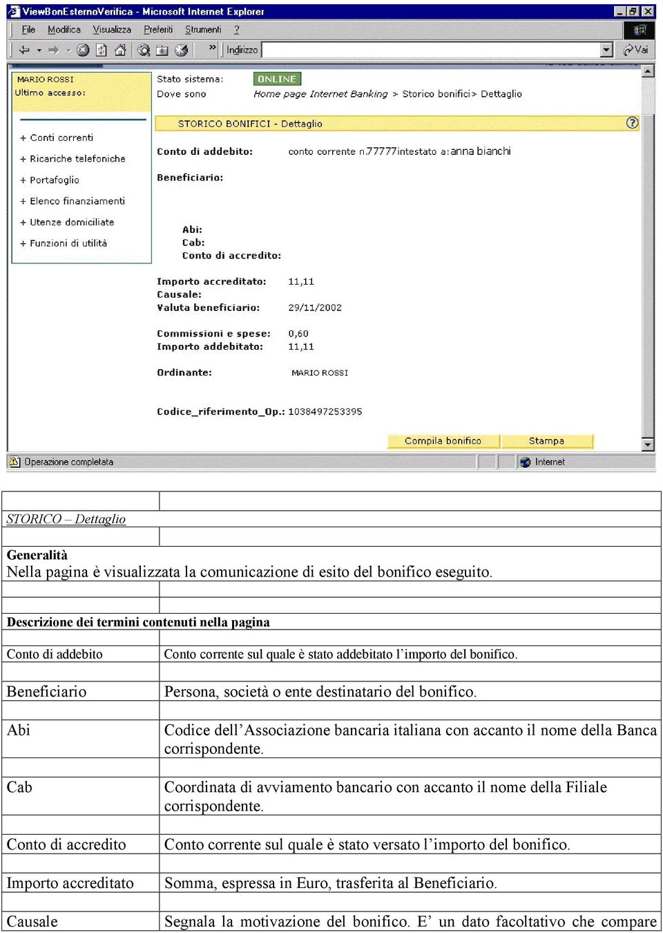 importo del bonifico. Persona, società o ente destinatario del bonifico. Codice dell Associazione bancaria italiana con accanto il nome della Banca corrispondente.