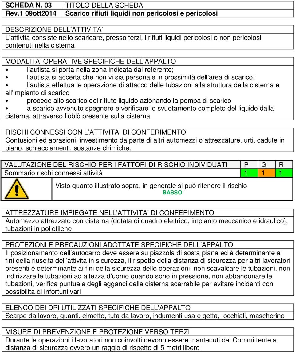 che non vi sia personale in prossimità dell'area di scarico; l autista effettua le operazione di attacco delle tubazioni alla struttura della cisterna e all impianto di scarico procede allo scarico