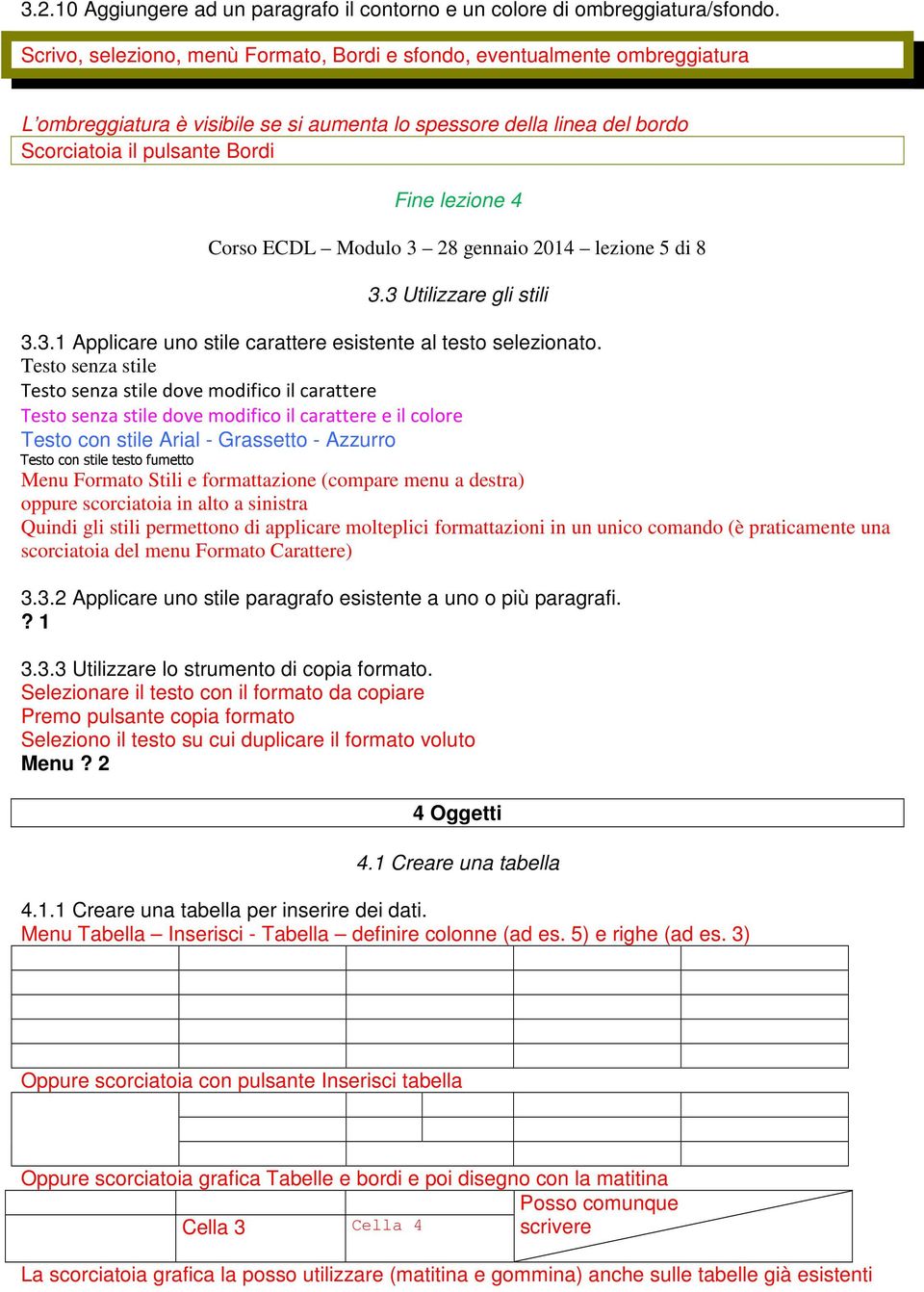 Corso ECDL Modulo 3 28 gennaio 2014 lezione 5 di 8 3.3 Utilizzare gli stili 3.3.1 Applicare uno stile carattere esistente al testo selezionato.