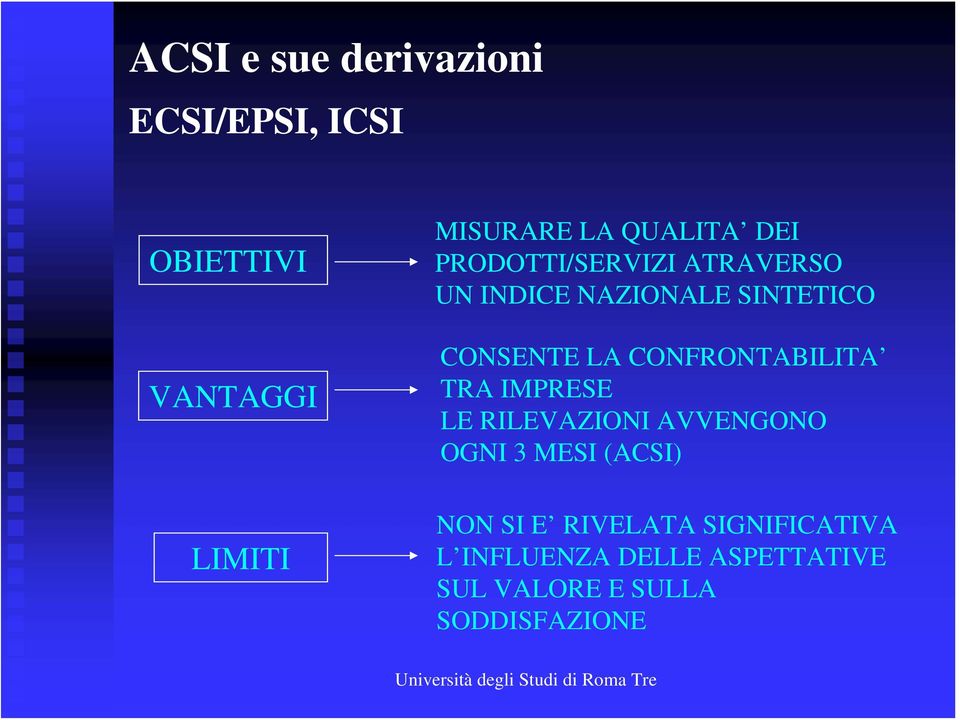 CONFRONTABILITA TRA IMPRESE LE RILEVAZIONI AVVENGONO OGNI 3 MESI (ACSI) NON SI E