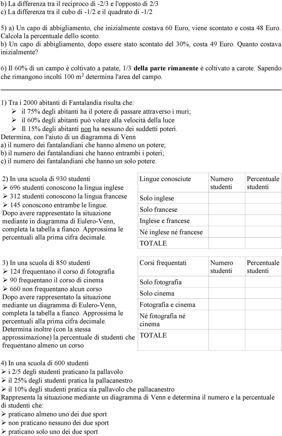 6) Il 60% di un campo è coltivato a patate, 1/ della parte rimanente è coltivato a carote. Sapendo che rimangono incolti 100 m 2 determina l'area del campo.