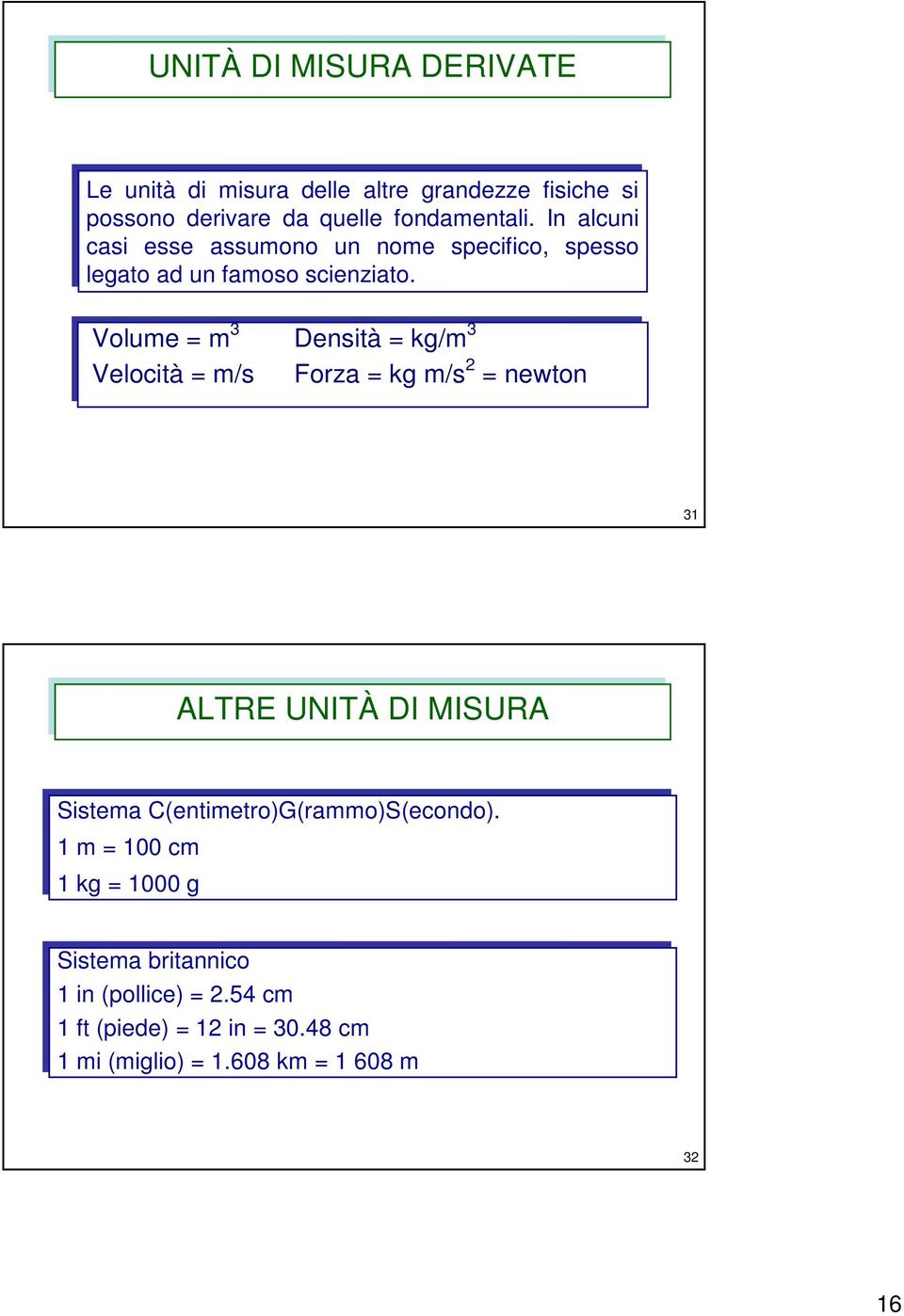 Volume = m 3 Densità = kg/m 3 Velocità = m/s Foza = kg m/s = newton 31 ALTRE UNITÀ DI MISURA ALTRE UNITÀ DI MISURA Sistema