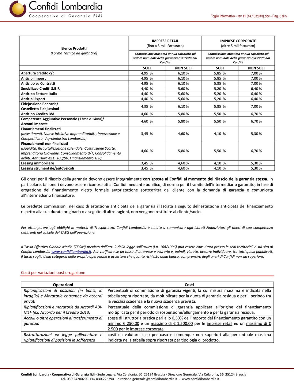 nominale della garanzia rilasciata dal Confidi SOCI NON SOCI SOCI NON SOCI Apertura credito c/c 4,95 % 6,10 % 5,85 % 7,00 % Anticipi Import 4,95 % 6,10 % 5,85 % 7,00 % Anticipo su Contratti 4,95 %