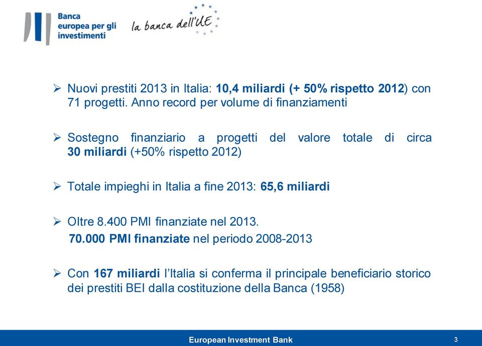 rispetto 2012) Totale impieghi in Italia a fine 2013: 65,6 miliardi Oltre 8.400 PMI finanziate nel 2013. 70.