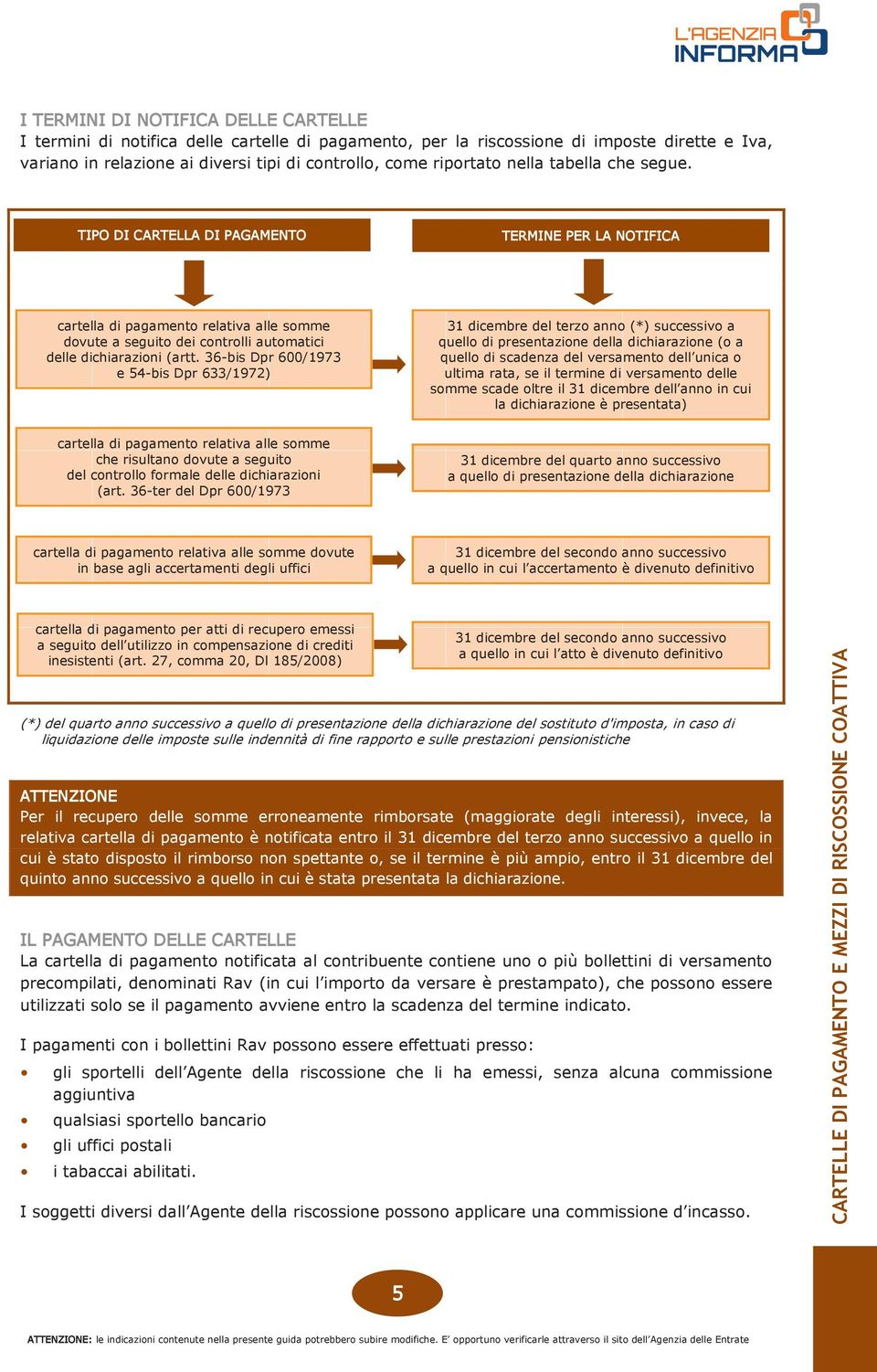 36-bis Dpr 600/1973 e 54-bis Dpr 633/1972) 31 dicembre del terzo anno (*) successivo a quello di presentazione della dichiarazione (o a quello di scadenza del versamento dell unica o ultima rata, se