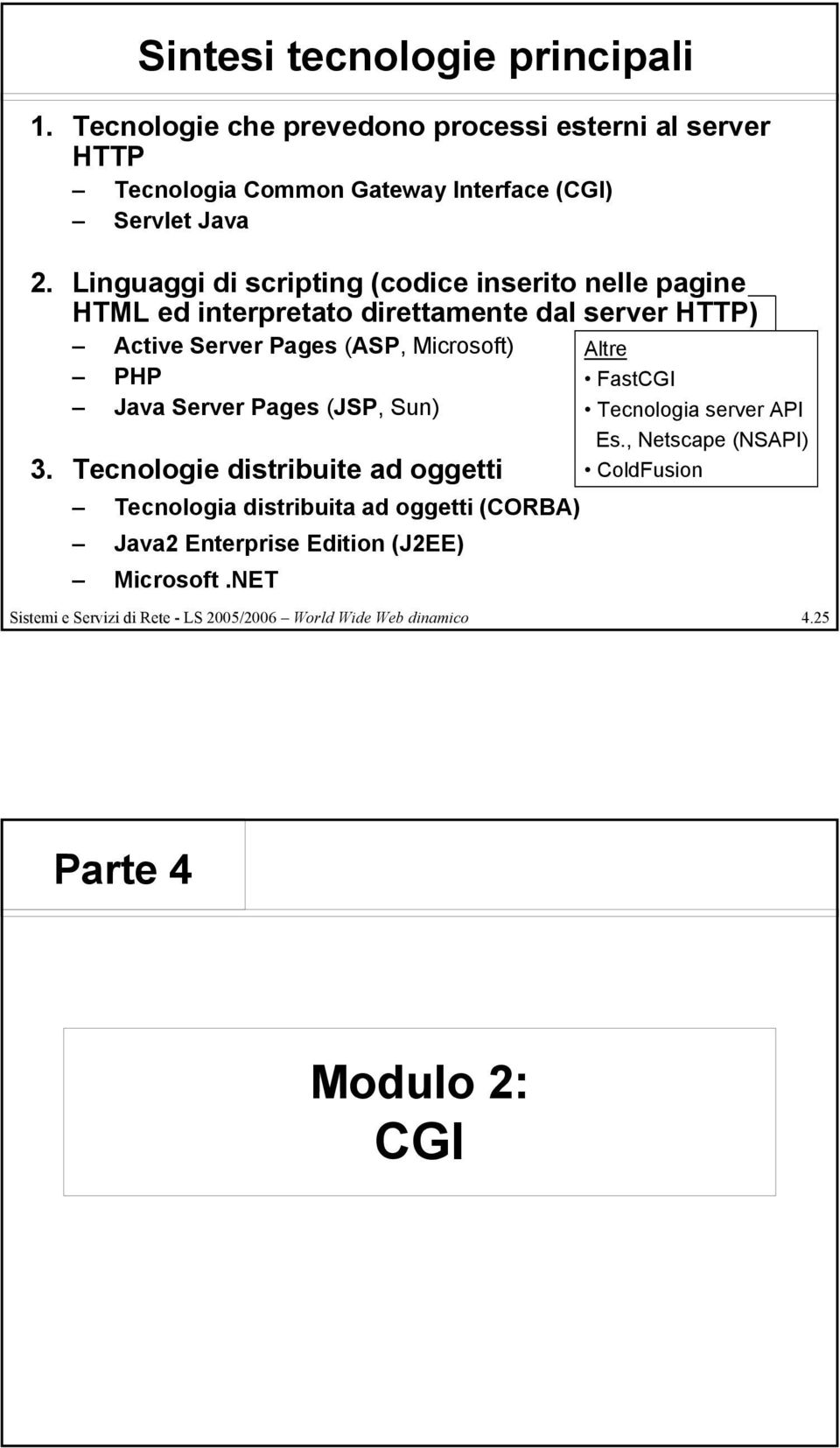 Server Pages (JSP, Sun) 3. Tecnologie distribuite ad oggetti Tecnologia distribuita ad oggetti (CORBA) Java2 Enterprise Edition (J2EE) Microsoft.