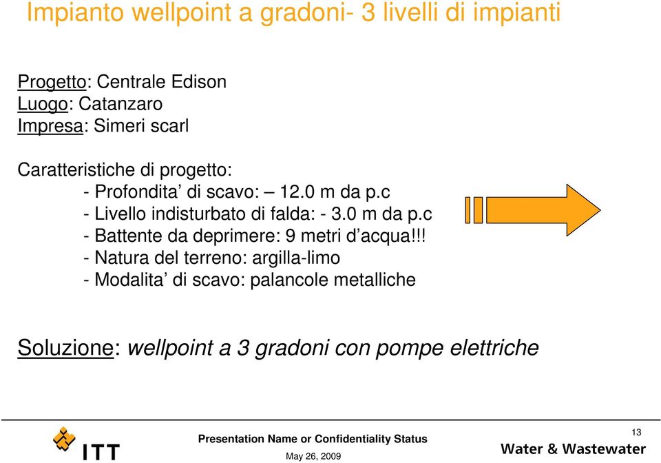 c - Livello indisturbato di falda: - 3.0 m da p.c - Battente da deprimere: 9 metri d acqua!