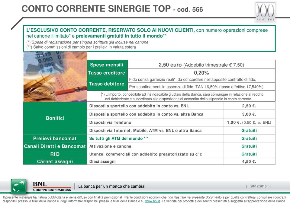 singola scrittura già incluse nel canone (**) Salvo commissioni di cambio per i prelievi in valuta estera Spese mensili 2,50 euro (Addebito trimestrale 7.