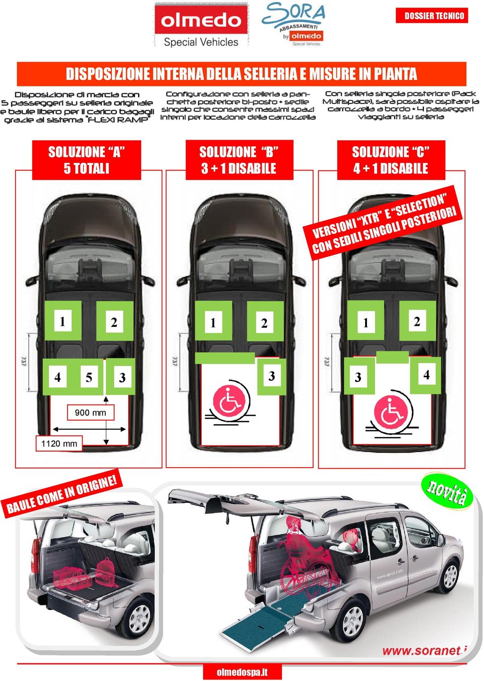 bagagli singolo che consente massimi spazi viaggianti su selleria grazie al sistema FLEXI RAMP interni per locazione della carrozzella SOLUZIONE A 5 TOTALI SOLUZIONE B