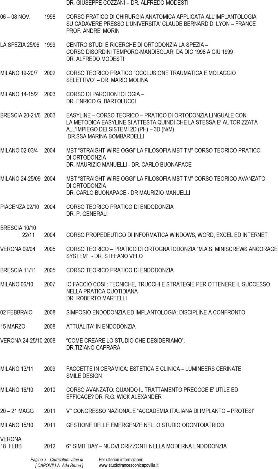 ALFREDO MODESTI MILANO 19-20/7 2002 CORSO TEORICO PRATICO OCCLUSIONE TRAUMATICA E MOLAGGIO SELETTIVO DR. MARIO MOLINA MILANO 14-15/2 2003 CORSO DI PARODONTOLOGIA DR. ENRICO G.