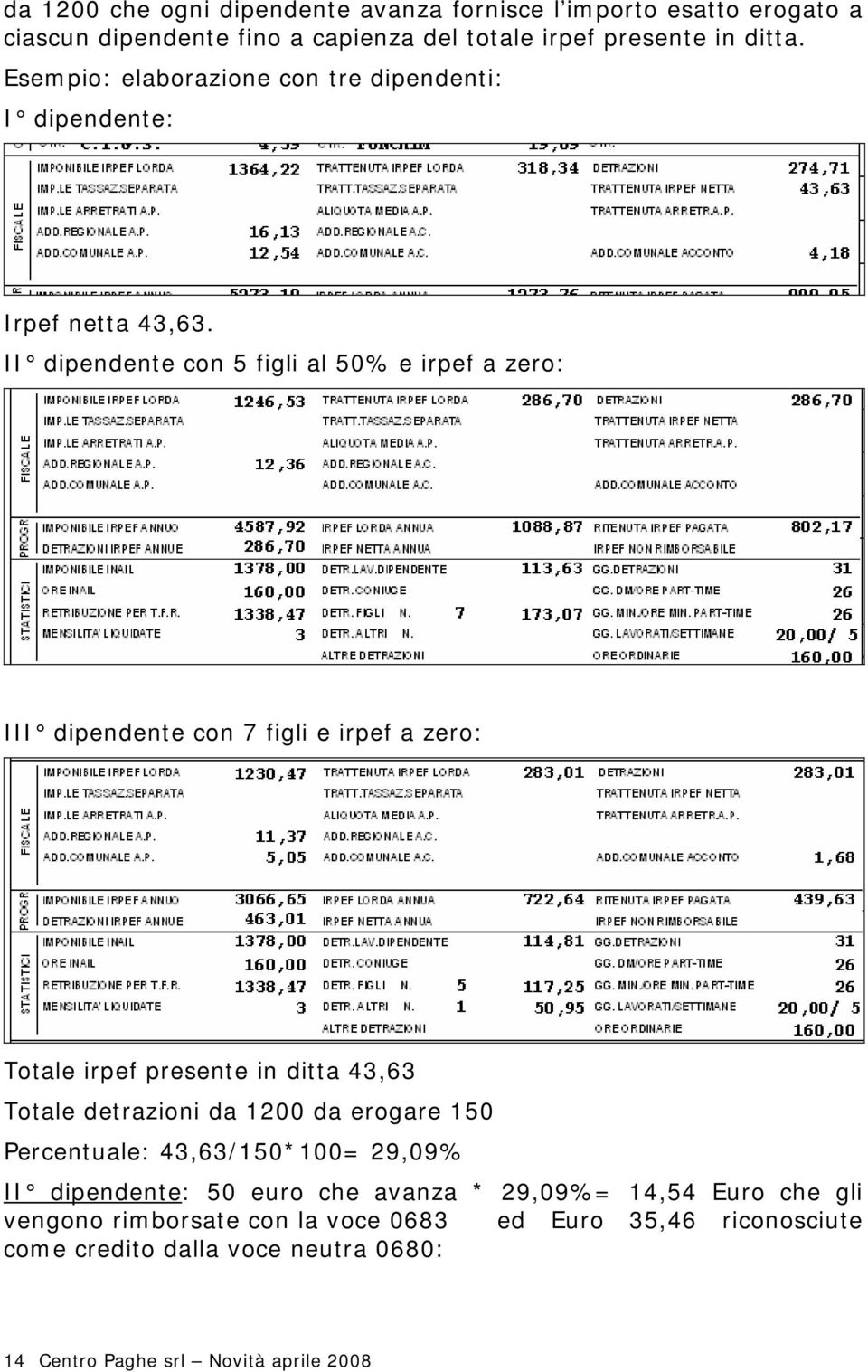 II dipendente con 5 figli al 50% e irpef a zero: III dipendente con 7 figli e irpef a zero: Totale irpef presente in ditta 43,63 Totale detrazioni da 1200