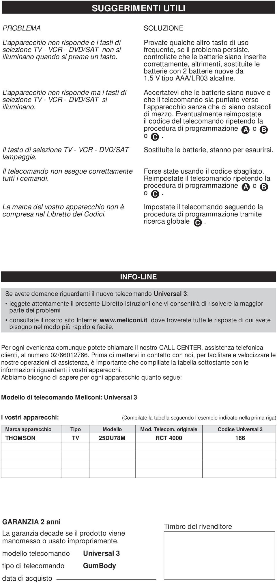 La marca del vostro apparecchio non è compresa nel Libretto dei Codici.