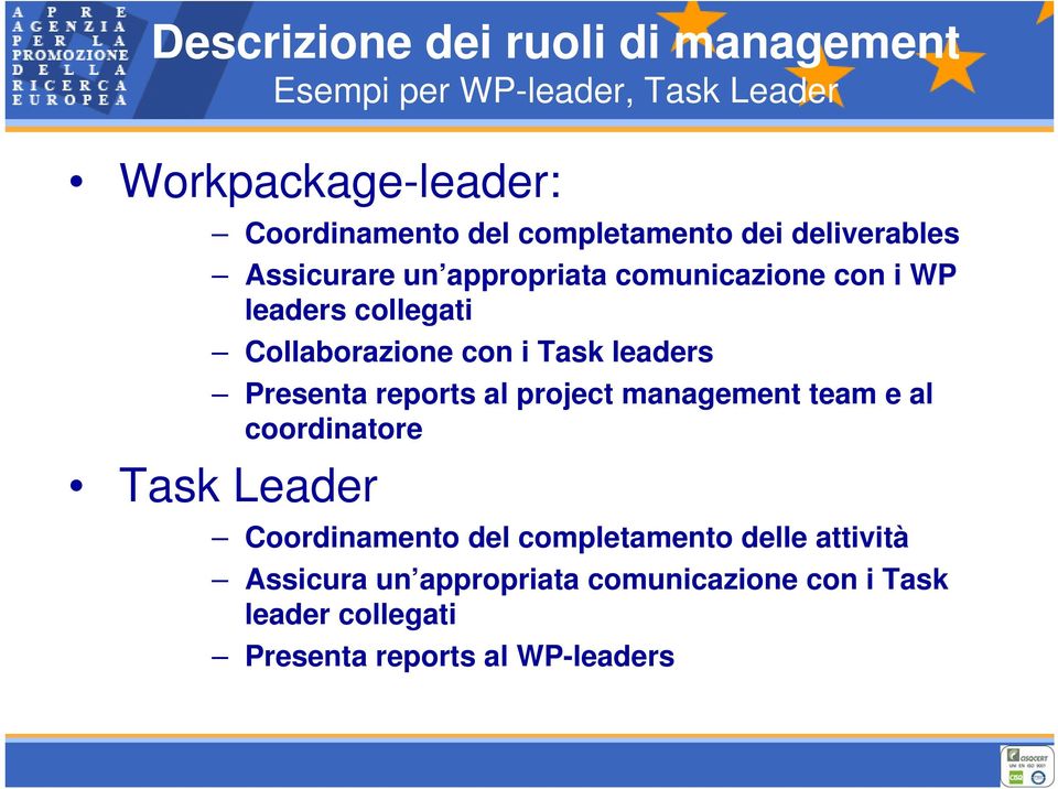 con i Task leaders Presenta reports al project management team e al coordinatore Task Leader Coordinamento del