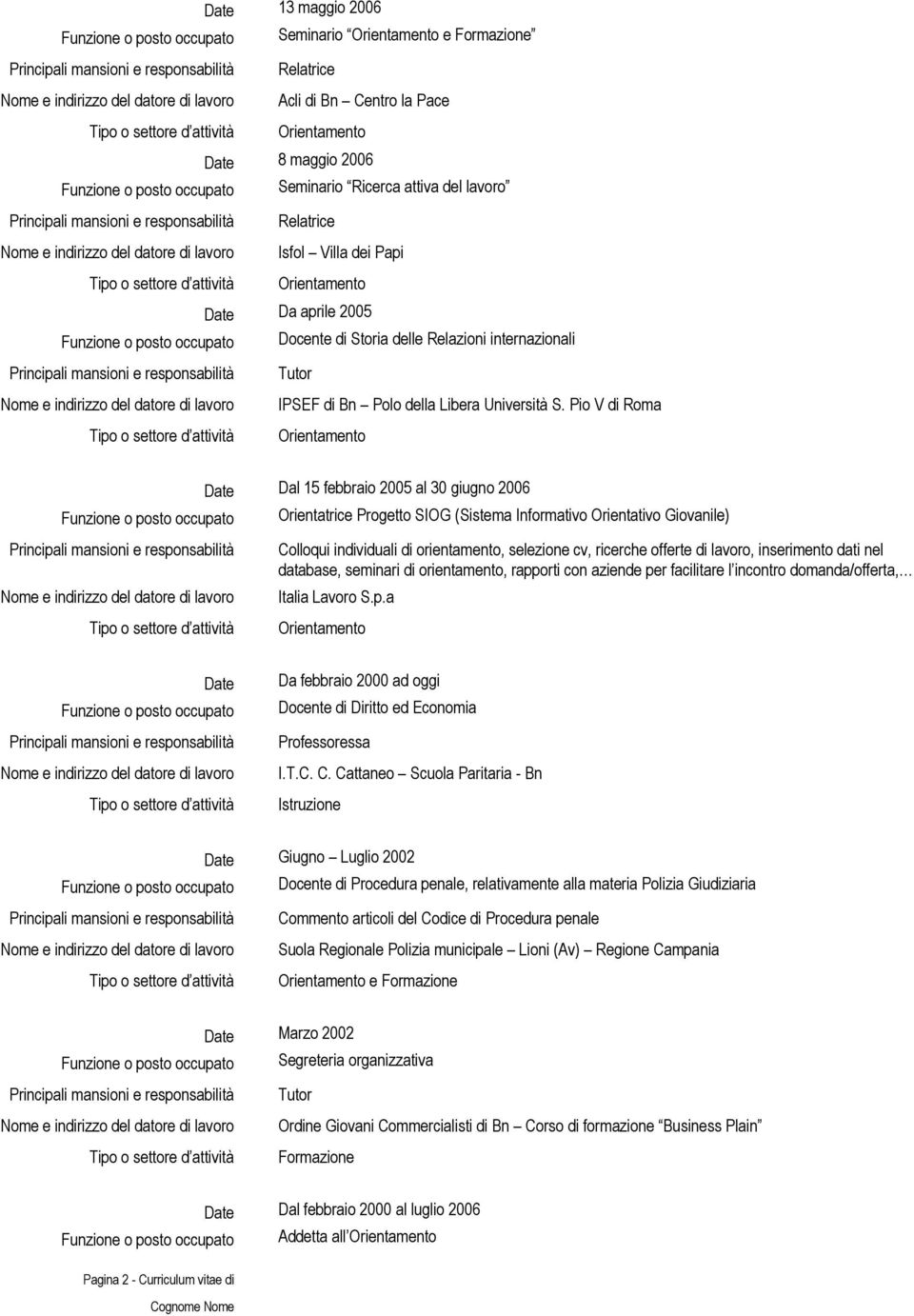 Pio V di Roma Orientamento Date Dal 15 febbraio 2005 al 30 giugno 2006 Orientatrice Progetto SIOG (Sistema Informativo Orientativo Giovanile) Colloqui individuali di orientamento, selezione cv,