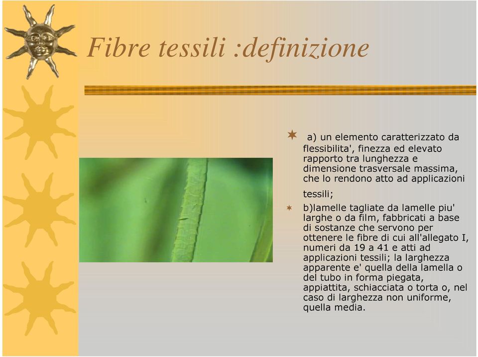 di sostanze che servono per ottenere le fibre di cui all'allegato I, numeri da 19 a 41 e atti ad applicazioni tessili; la larghezza