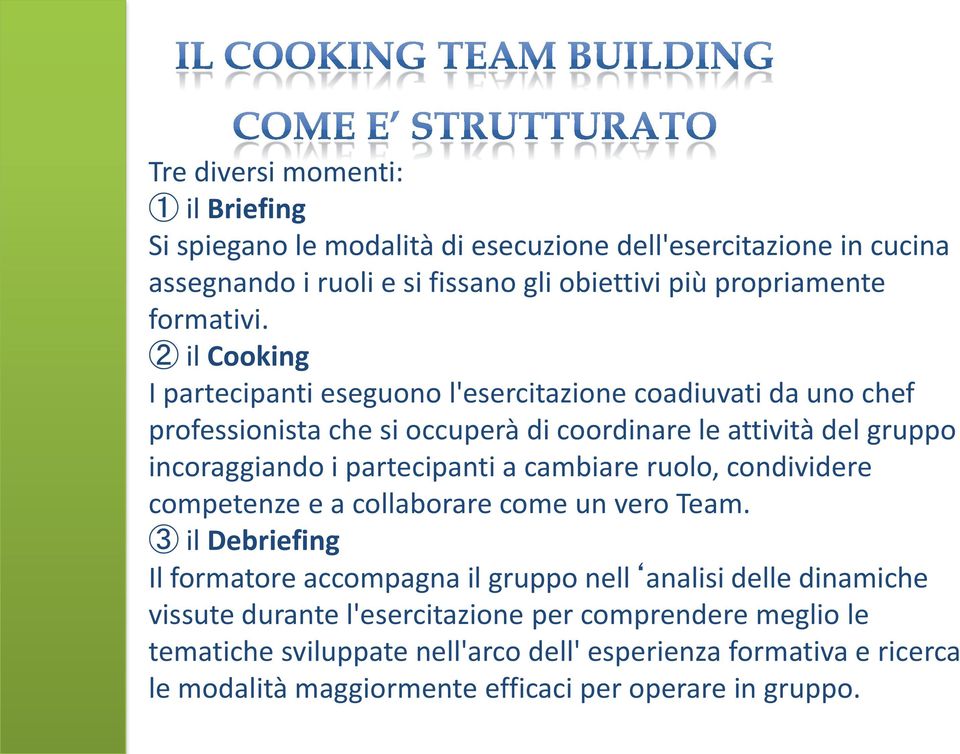 2 il Cooking I partecipanti eseguono l'esercitazione coadiuvati da uno chef professionista che si occuperà di coordinare le attività del gruppo incoraggiando i