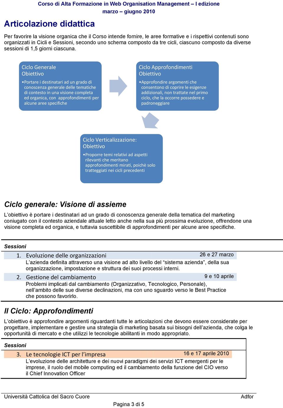 Ciclo Generale Portare i destinatari ad un grado di conoscenza generale delle tematiche di contesto in una visione completa ed organica, con approfondimenti per alcune aree specifiche Ciclo