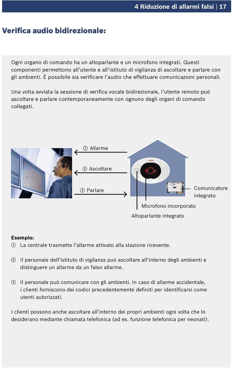 Una volta avviata la sessione di verifica vocale bidirezionale, l utente remoto può ascoltare e parlare contemporaneamente con ognuno degli organi di comando collegati.